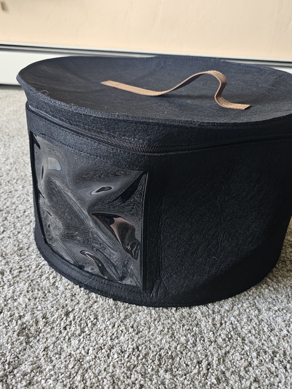 Black Round Travel Hat Box with Tan Carry Handle